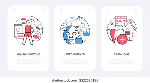 Healthy and beauty lifestyle - line design style banners set with place for text. Proper nutrition, exercise, mask, spa, yoga, dental care, toothbrush and paste, sports and diet idea, weight control