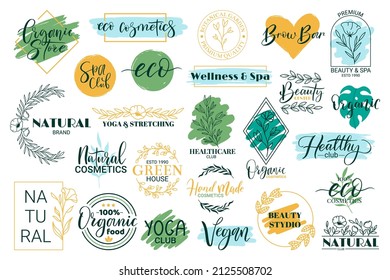 Healthy, beauty, spa and yoga lettering quotes. Hand drawn logos for organic cosmetics products vector illustration set. Spa and wellness lettering elements. Organic cosmetics, natural brand logos