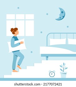 Healthy bedtime banner flat concept. A young girl walks up the stairs to her bed. Cute vector illustration on a blue background.