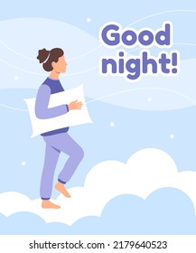 Healthy bedtime banner flat concept. A young girl walks on clouds. Good night. Cute vector illustration on a blue background.