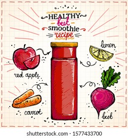 Healthy beet smoothie recipe hand drawn sketch, vegetarian smoothie menu with ingredients, vegetables set graphic illustration