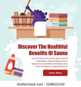 healthy benefits of sauna and heat. Website with information about cosmetic procedures for pleasure and wellness. Slimming and detox, wooden bench with towels and bucket. Vector in flat style