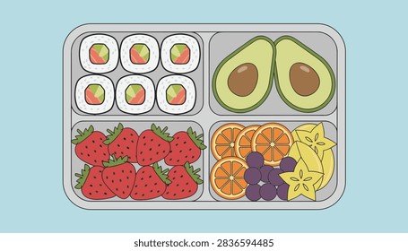 Healthy bento lunch box containing delicious sushi rolls, avocado slices, fresh strawberries, oranges and grapes.