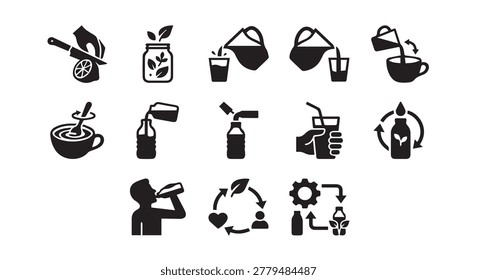 Healthy beverage and herbal tea preparation process icon set with beverage