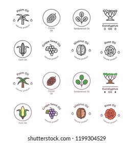 Healthy bio cosmetics oil linear logos. Organic cosmetics ingredients icons set. Collection vector illustration
