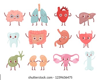 Healthy biological organ. Smiling lung, happy heart and funny brain. Smile stomach, uterus organs bone and tooth. Biology medicine character cartoon isolated character vector icons set