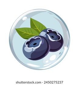 Healthy black blueberry in air bubble. Isolated vector illustration on white background. Summer fruit for flat design of cards, banner, presentations, logo, poster