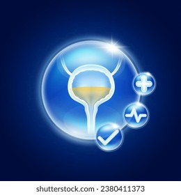 La vejiga sana dentro de las burbujas de vidrio brillan con el signo cruzado de icono médico, pulso cardíaco y marca de verificación. Innovación en atención médica. Translucimiento de órganos de anatomía humana sobre fondo azul. Vector.