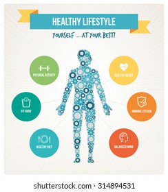 Healthy body and lifestyle concept infographics with human body composed of gears and healthy living icons set