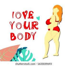 Healthy body. Body positive. Greeting card with text love your body. Red-haired woman in a swimsuit. Overweight is a problem. Bikini and tropical leaves.