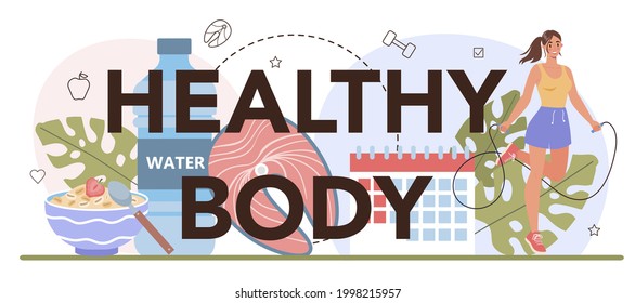Gesunder Körper typografische Header. Idee des Gewichtsverlustes . Übergewichtige Menschen, die mager werden mit Fitness und ausgewogener Ernährung. Schlimmen. Flache Vektorgrafik