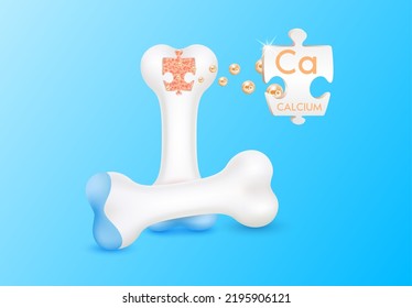 Healthy bone anatomy and Minerals calcium in the shape of jigsaw. Vitamin collagen heal arthritis knee. Medical concept. Isolated on blue background realistic 3d vector. Can used to ad supplements.