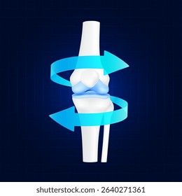 Healthy bone. Blue rotating arrow around knee joint cartilage on dark background. Strong human leg anatomy. For design medical or scientific treatments. Vector EPS10.
