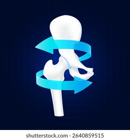 Healthy bone. Blue rotating arrow around hip joint cartilage on dark background. Strong human femur anatomy. For design medical or scientific treatments. Vector EPS10.