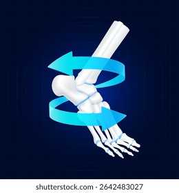 Healthy bone. Blue rotating arrow around ankle joint cartilage on dark background. Strong human foot anatomy. For design medical or scientific treatments. Vector EPS10.