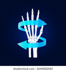 Osso saudável. Seta rotacional azul em torno da cartilagem articular do dedo do pulso no fundo escuro. Forte anatomia da mão humana. Para tratamentos médicos ou científicos de design. Vetor EPS10.