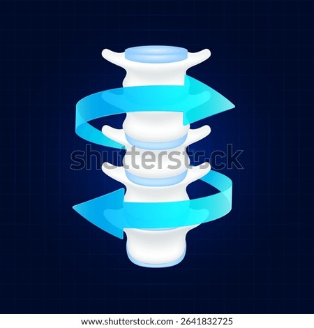 Healthy bone. Blue rotating arrow around vertebra joint cartilage on dark background. Strong human spinal anatomy. For design medical or scientific treatments. Vector EPS10.