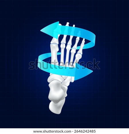 Healthy bone. Blue rotating arrow around toe joint cartilage on dark background. Strong human foot anatomy. For design medical or scientific treatments. Vector EPS10.