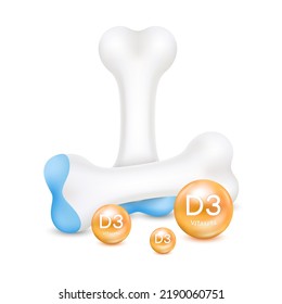 Cartílago óseo saludable con vitamina D3 naranja. Modelo de anatomía de esqueletos humanos aislado en fondo blanco. Las vitaminas y los minerales cuidan la articulación de la rodilla ósea. Vector 3D realista. Concepto de ciencia médica. 