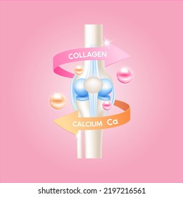 Healthy bone with a circular arrow around. Calcium and Collagen. Vitamins minerals logo products template design. Medical food supplement concepts. 3D Realistic Vector EPS10.