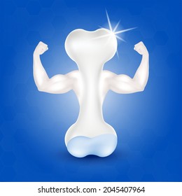 Healthy bone full of calcium arms showing white strong muscles powerful in a realistic 3D vector style. Exercises and eat healthy food. Health concept. Isolated on blue background