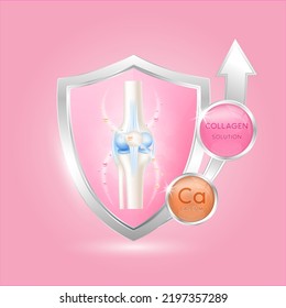 Healthy bone human anatomy in label shield aluminum pink. Collagen and Calcium, Vitamins minerals. Food supplement logo products template design. Medical concepts. 3D Realistic Vector EPS10.