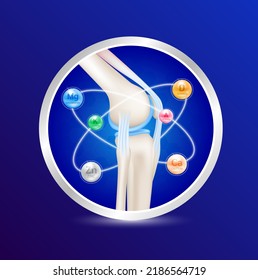 Healthy bone inside label aluminum. Mineral calcium, magnesium, zinc, vitamin. Radius ring surrounds. Help heal arthritis knee joint. 3D realistic vector. For nutrition products design.