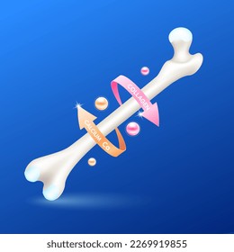 Healthy bone leg with calcium and collagen circular arrow around. Vitamins minerals logo products template design. Medical food supplement concepts. 3D Realistic Vector EPS10.
