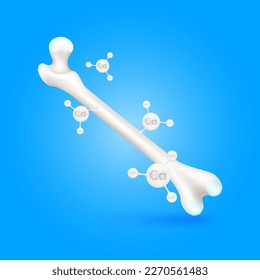 Healthy bone leg with molecule calcium. Vitamins minerals logo products template design. Medical food supplement concepts. 3D Realistic Vector EPS10.