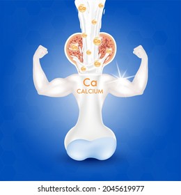 Healthy bone, milk full of calcium mineral and vitamins showing white strong muscles powerful in a realistic 3D vector style. Dietary supplement bone, Medical or healthcare concept. On blue background