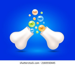 Healthy bones. Calcium Potassium Magnesium and Vitamin D float out of the bone capsule. Help heal arthritis knee joint. Used for nutrition products food template design. 3D Vector EPS10.