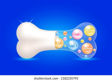Healthy bones. Collagen UC-II Vitamin D Magnesium Sesamin and Aquamin inside bone capsule. Help heal arthritis knee joint. Used for nutrition products food template design. 3D Vector EPS10.