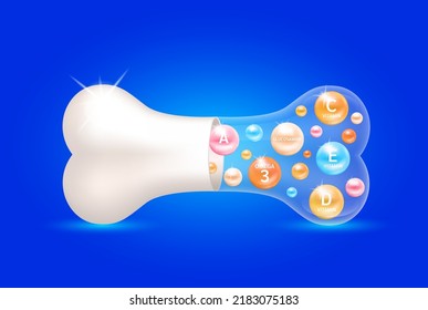 Healthy bones. Minerals Vitamins Glucosamine and Omega 3 inside bone capsule. Help heal arthritis knee joint. Used for nutrition products food template design. 3D Vector EPS10.