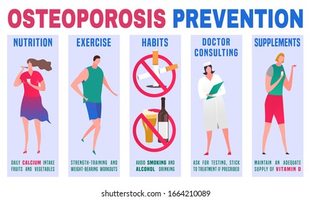 Healthy bones without osteoporosis and bone loss. Medical infographic poster. Healthcare, medicine, early prevention concept. Horizontal banner. Vector illustration in modern simplistic style