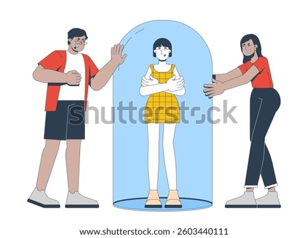Healthy boundaries 2D illustration concept. Emotional resilience. Arms crossed woman standing inside dome, toxic people disrespecting cartoon characters isolated on white. Flat abstract vector graphic