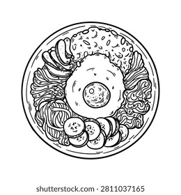 Healthy bowl. Hand drawn vector illustration. Vegetables, salad, fried egg, meat. Organic food. Top view. Healthy bowl ingredients.