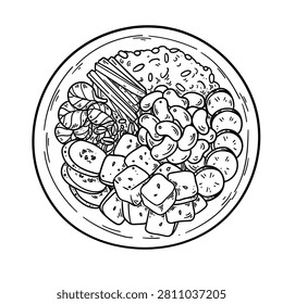 Healthy bowl. Hand drawn vector illustration. Vegetables, salad, meat. Organic food. Top view. Healthy bowl ingredients.