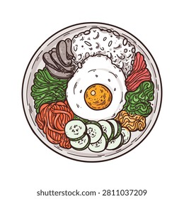 Healthy bowl. Hand drawn vector illustration. Vegetables, salad, fried egg, meat. Organic food. Top view. Healthy bowl ingredients.