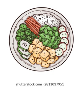 Healthy bowl. Hand drawn vector illustration. Vegetables, salad, meat. Organic food. Top view. Healthy bowl ingredients.