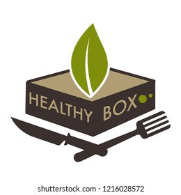 Healthy box, dietary lifestyle with food rich in minerals and vitamins vector. Nutrition natural ingredients of dishes, fork and spoon served to plate with meal. Diet and vegetarian way of life