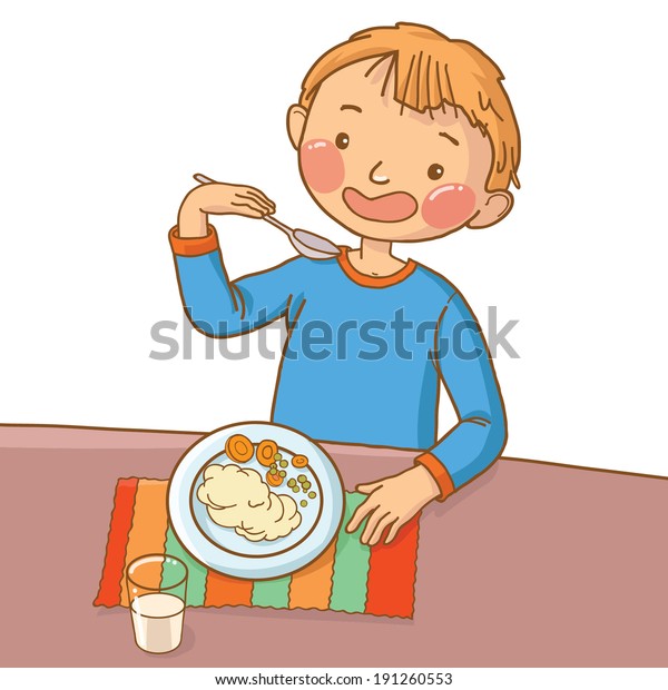 Healthy Boy Eating Diner Children Illustration Stock Vector (Royalty ...