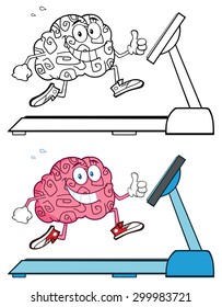 Healthy Brain Cartoon Character Running On A Treadmill And Giving A Thumb Up. Vector Collection Set Isolated On White