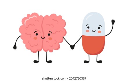 Healthy brain character and happy smiling medicine pill characters hold hands. Kawaii capsule and cute brain characters. Drug therapy. Vector isolated illustration on white background.