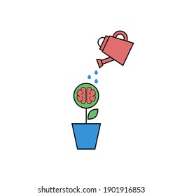 Healthy brain concept. Watering can watering brain. Medical treatment of alzheimers, dementia, encephalopathy. Vector illustration