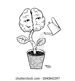 Desarrollo cerebral saludable. El cerebro de perro como una flor crece en una olla que es regada por una lata de agua. Poder cerebral, cuidado. Ilustración vectorial de inteligencia negra en blanco aislado.