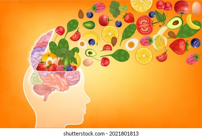 Healthy brain food boost brainpower nutrition concept as a group of nutritious nuts vegetables and berries rich in omega 3. That helps treat symptoms alzheimer's, dementia and depression. 3D vector.