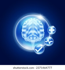 Healthy brain inside glass bubbles glowing with medical icon cross sign, Heart pulse and Check mark. Medical health care innovation. Human anatomy organ translucent on blue background. Vector.