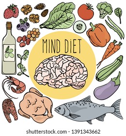 HEALTHY BRAIN Mind Diet Nutrition Vector Illustration Set 