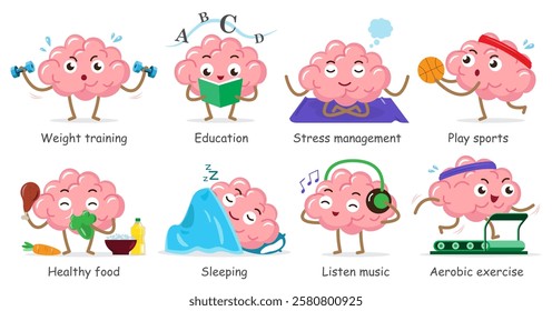 Healthy brain . Set of medical cartoon characters . Isolated white background . Vector .