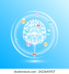 Cerebro sano con complejos vitamínicos, minerales, aceite de pescado aminoácido. Los mejores nutrientes esenciales para el cerebro. Diseño de paquetes para suplementos dietéticos y anuncios de farmacia. Medicina de salud. EPS10 vectores.